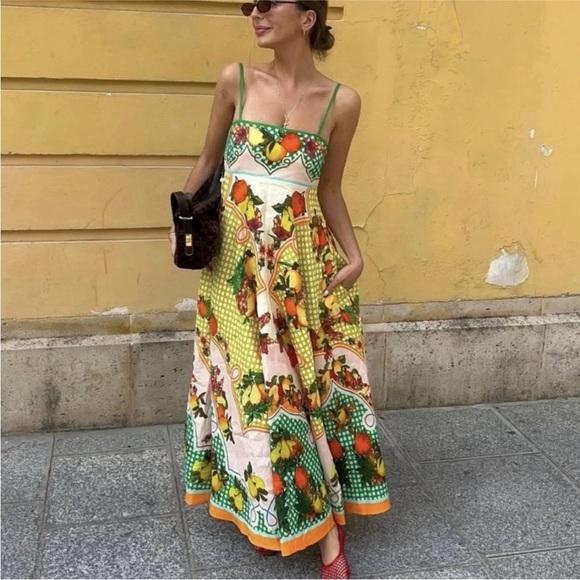 New Caroline Constas Linen Strappy Fruits Dots Print Maxi Long Dress Picnic S - Picture 4 of 14